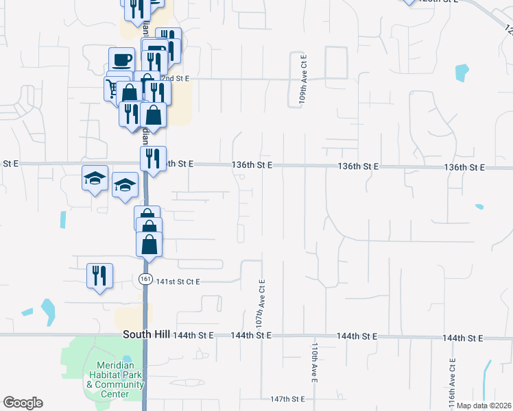 map of restaurants, bars, coffee shops, grocery stores, and more near 13802 107th Avenue Court East in Puyallup