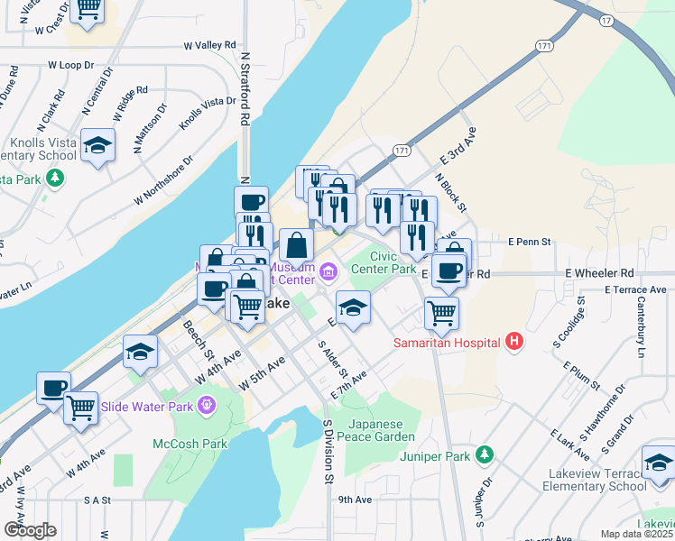 map of restaurants, bars, coffee shops, grocery stores, and more near 321 South Balsam Street in Moses Lake