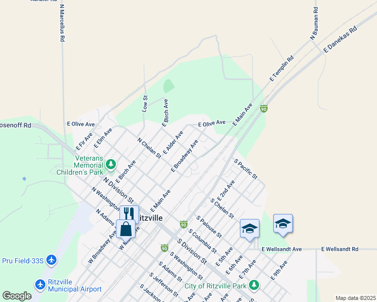 map of restaurants, bars, coffee shops, grocery stores, and more near 500 East Broadway Avenue in Ritzville