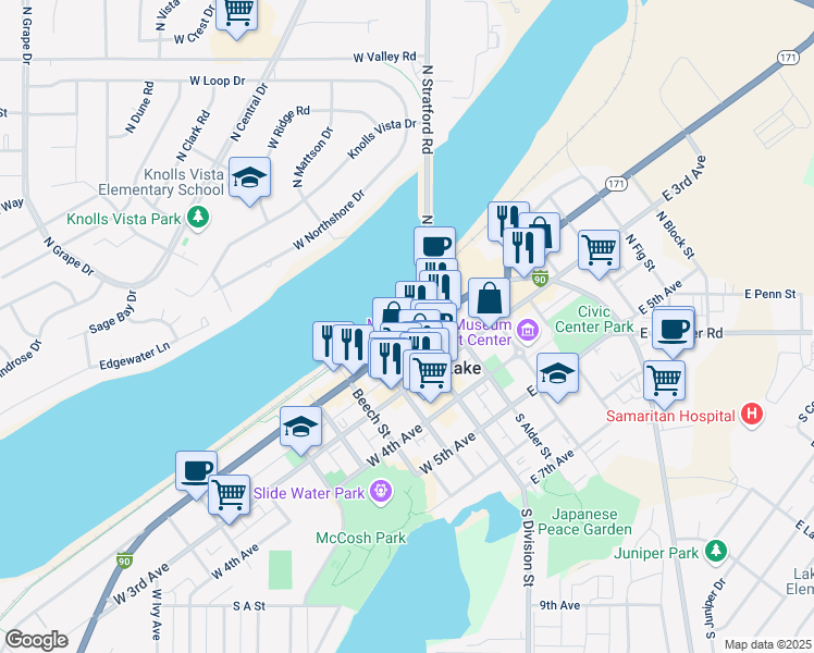 map of restaurants, bars, coffee shops, grocery stores, and more near 101 East Broadway Avenue in Moses Lake