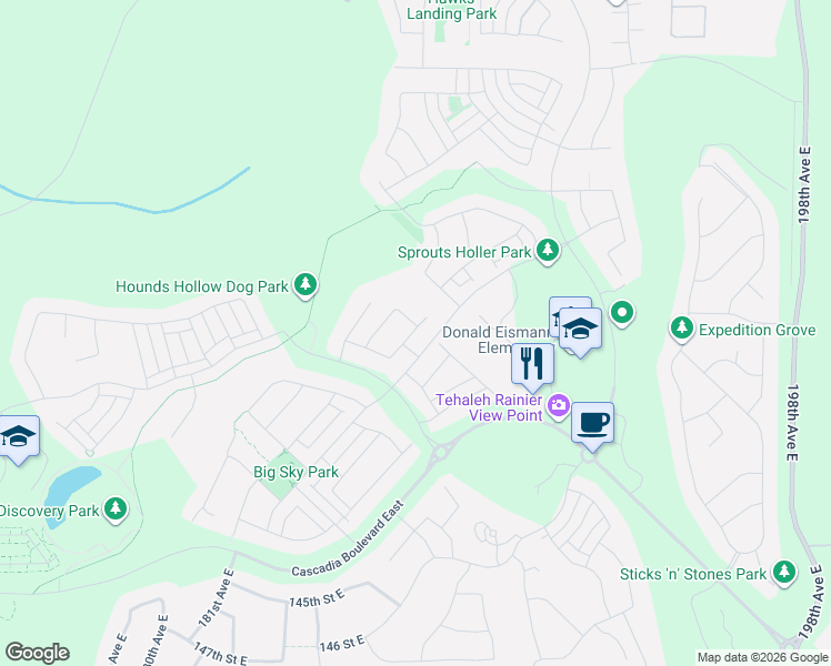 map of restaurants, bars, coffee shops, grocery stores, and more near 18726 135th Street East in Bonney Lake