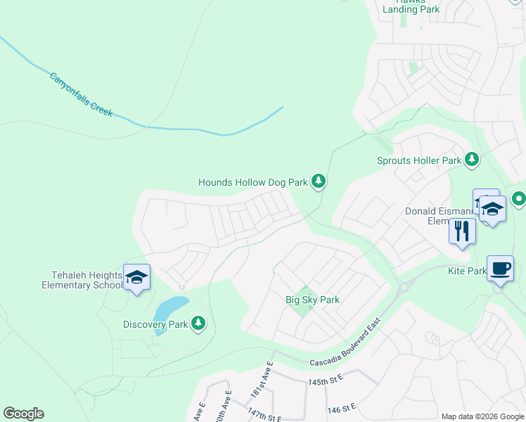 map of restaurants, bars, coffee shops, grocery stores, and more near 13120 183rd Avenue East in Bonney Lake