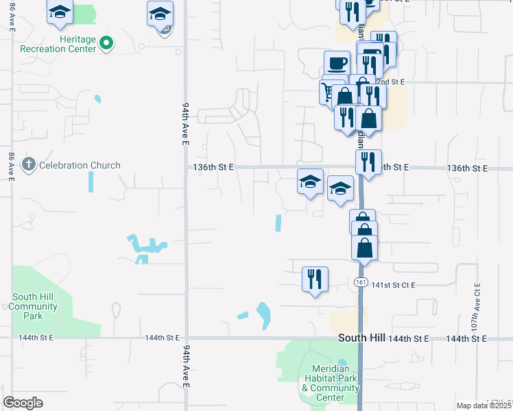 map of restaurants, bars, coffee shops, grocery stores, and more near 13707 97th Avenue East in South Hill