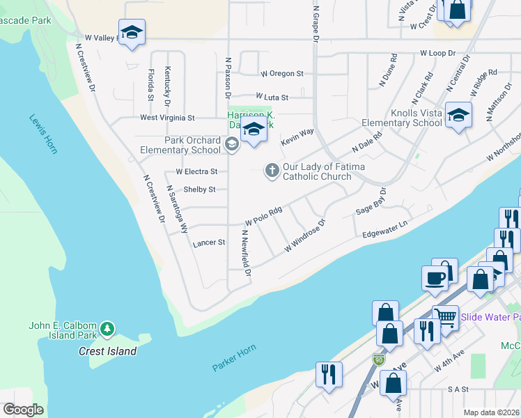 map of restaurants, bars, coffee shops, grocery stores, and more near 200 North Dale Road in Moses Lake