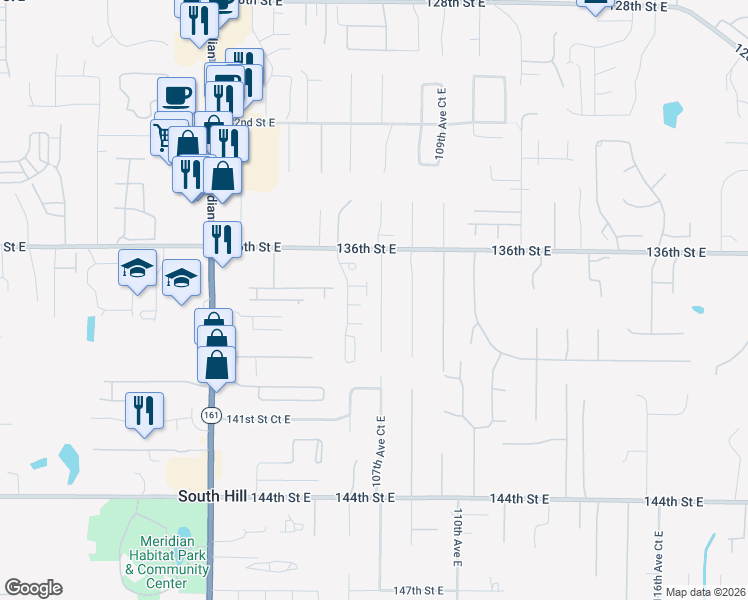 map of restaurants, bars, coffee shops, grocery stores, and more near 13802 107th Avenue Court East in Puyallup