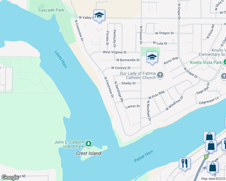 map of restaurants, bars, coffee shops, grocery stores, and more near 405 North Crestview Drive in Moses Lake