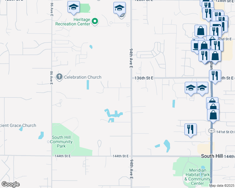 map of restaurants, bars, coffee shops, grocery stores, and more near 13718 93rd Avenue East in Puyallup