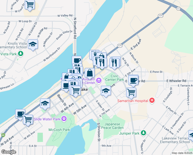 map of restaurants, bars, coffee shops, grocery stores, and more near 211 South Balsam Street in Moses Lake