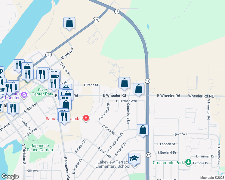 map of restaurants, bars, coffee shops, grocery stores, and more near 934 East Wheeler Road in Moses Lake