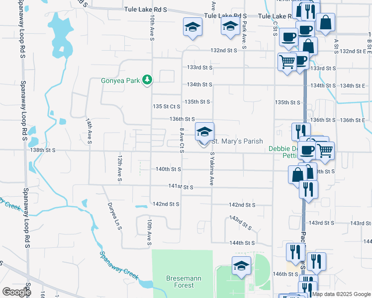 map of restaurants, bars, coffee shops, grocery stores, and more near 821 138th Street South in Tacoma