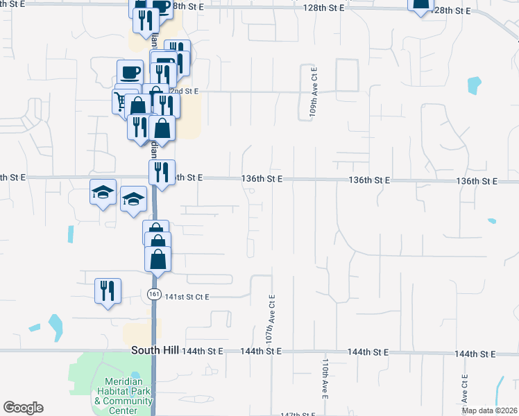map of restaurants, bars, coffee shops, grocery stores, and more near 10626 137th Street East in South Hill