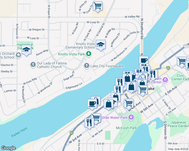 map of restaurants, bars, coffee shops, grocery stores, and more near 447 West Northshore Drive in Moses Lake