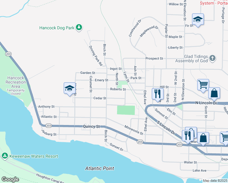 map of restaurants, bars, coffee shops, grocery stores, and more near 1217 Cedar Street in Hancock
