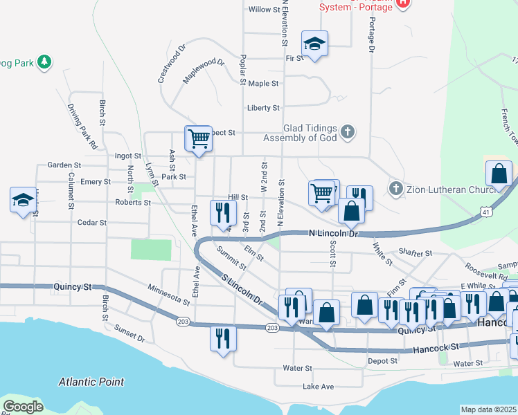map of restaurants, bars, coffee shops, grocery stores, and more near 1038 2nd Street in Hancock