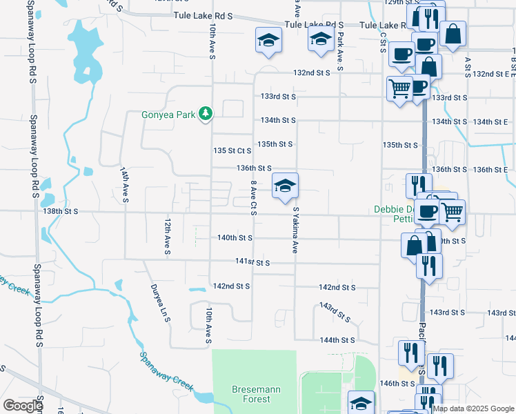 map of restaurants, bars, coffee shops, grocery stores, and more near 821 138th Street South in Tacoma