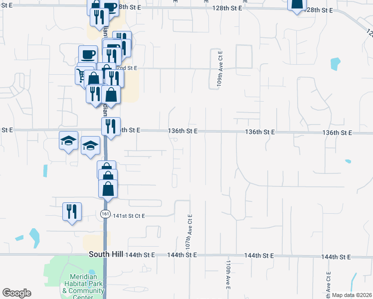map of restaurants, bars, coffee shops, grocery stores, and more near 13802 107th Avenue Court East in Puyallup