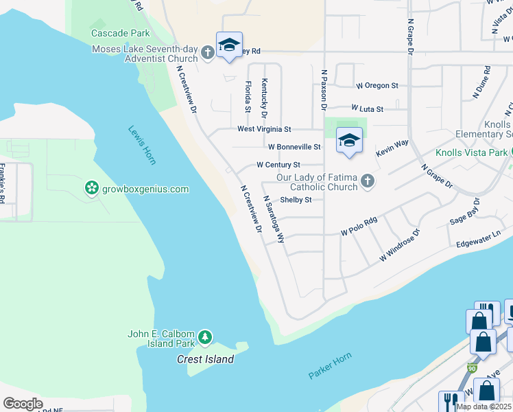 map of restaurants, bars, coffee shops, grocery stores, and more near 413 North Crestview Drive in Moses Lake