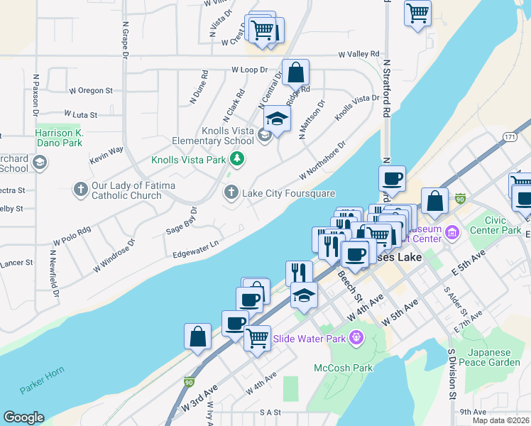 map of restaurants, bars, coffee shops, grocery stores, and more near 447 West Northshore Drive in Moses Lake