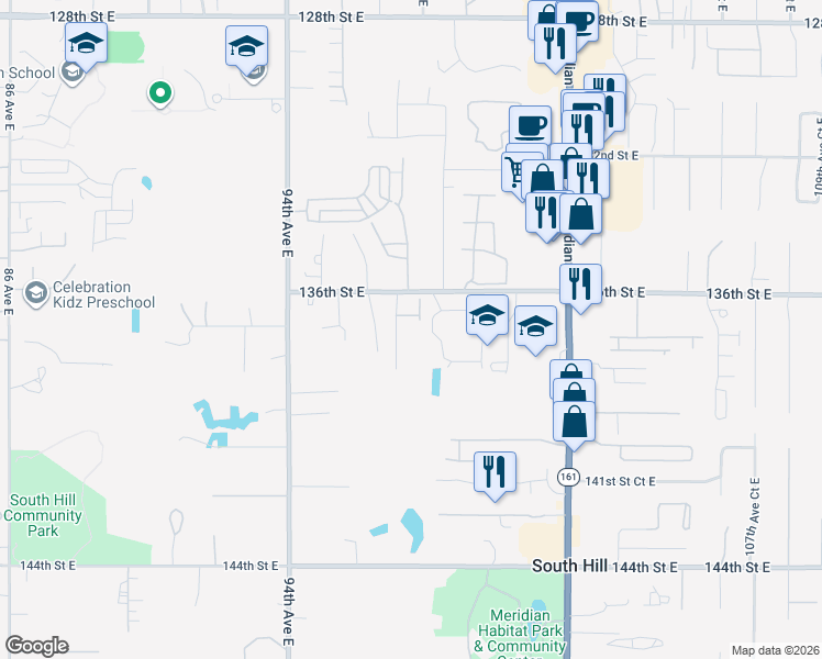 map of restaurants, bars, coffee shops, grocery stores, and more near 13605 97th Avenue Court East in Puyallup