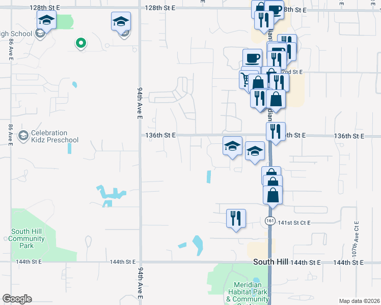 map of restaurants, bars, coffee shops, grocery stores, and more near 13613 97th Avenue East in Puyallup