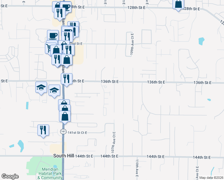 map of restaurants, bars, coffee shops, grocery stores, and more near 13802 107th Avenue Court East in Puyallup