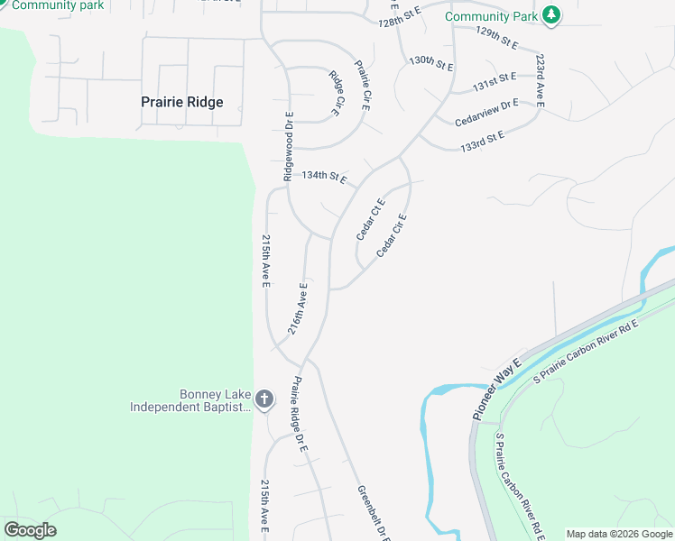 map of restaurants, bars, coffee shops, grocery stores, and more near 13615 Prairie Ridge Drive East in Bonney Lake