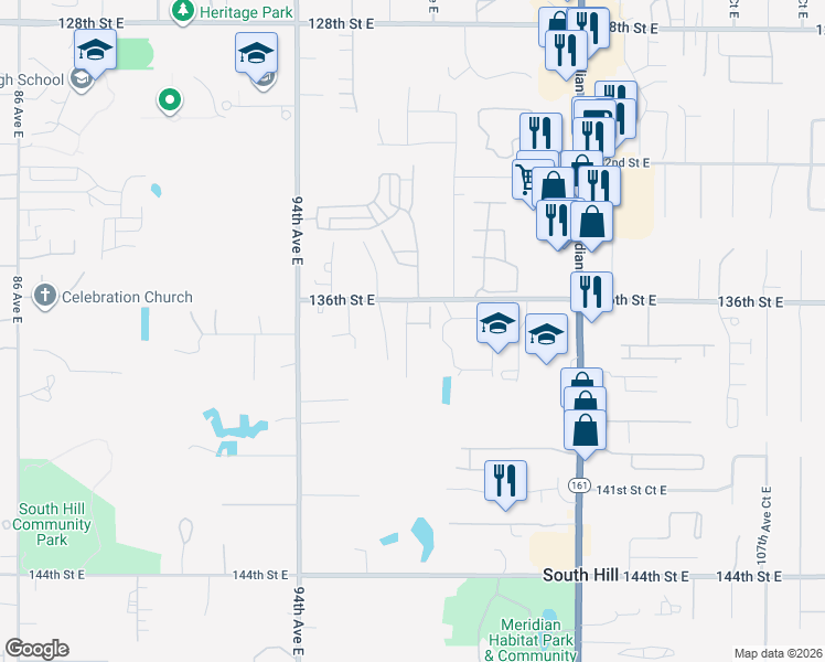 map of restaurants, bars, coffee shops, grocery stores, and more near 13707 97th Avenue East in South Hill