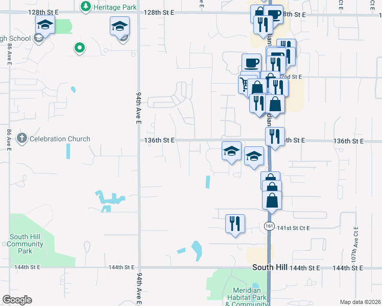 map of restaurants, bars, coffee shops, grocery stores, and more near 13613 97th Avenue East in South Hill