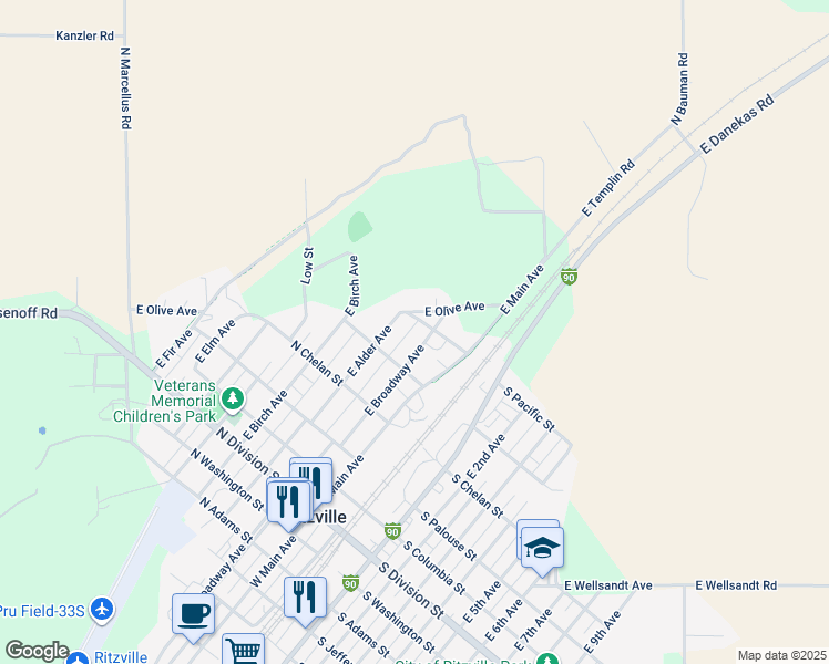 map of restaurants, bars, coffee shops, grocery stores, and more near 500-598 East Broadway Avenue in Ritzville