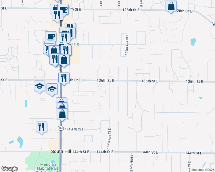map of restaurants, bars, coffee shops, grocery stores, and more near 13518 107th Avct East in Puyallup