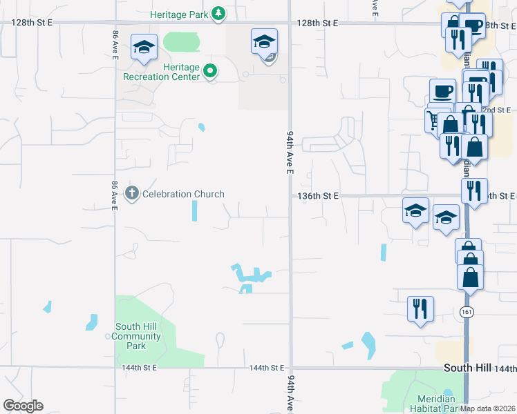 map of restaurants, bars, coffee shops, grocery stores, and more near 9201 137th Street East in Puyallup