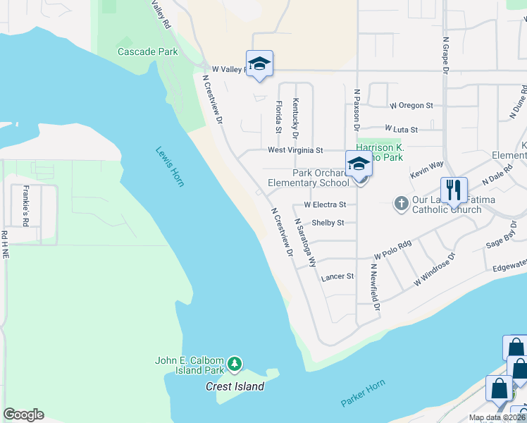 map of restaurants, bars, coffee shops, grocery stores, and more near 434 North Crestview Drive in Moses Lake