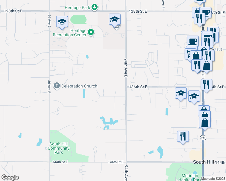 map of restaurants, bars, coffee shops, grocery stores, and more near 9201 137th Street East in Puyallup