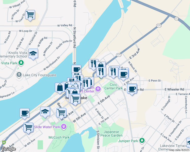 map of restaurants, bars, coffee shops, grocery stores, and more near 402 East Broadway Avenue in Moses Lake