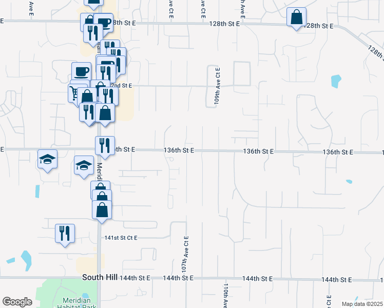 map of restaurants, bars, coffee shops, grocery stores, and more near 13518 107th Avct East in Puyallup