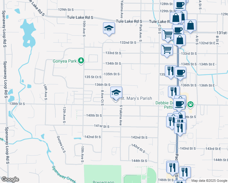 map of restaurants, bars, coffee shops, grocery stores, and more near 768 136th Street South in Tacoma