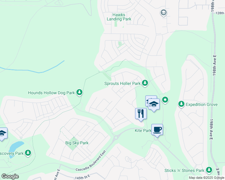 map of restaurants, bars, coffee shops, grocery stores, and more near 13434 188th Avenue East in Bonney Lake