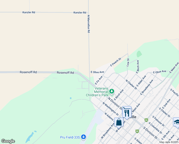 map of restaurants, bars, coffee shops, grocery stores, and more near 1225 North Marcellus Road in Ritzville
