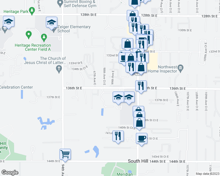map of restaurants, bars, coffee shops, grocery stores, and more near 9861 136th Street East in South Hill