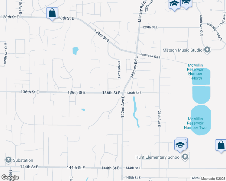 map of restaurants, bars, coffee shops, grocery stores, and more near 12014 135th Street East in Puyallup