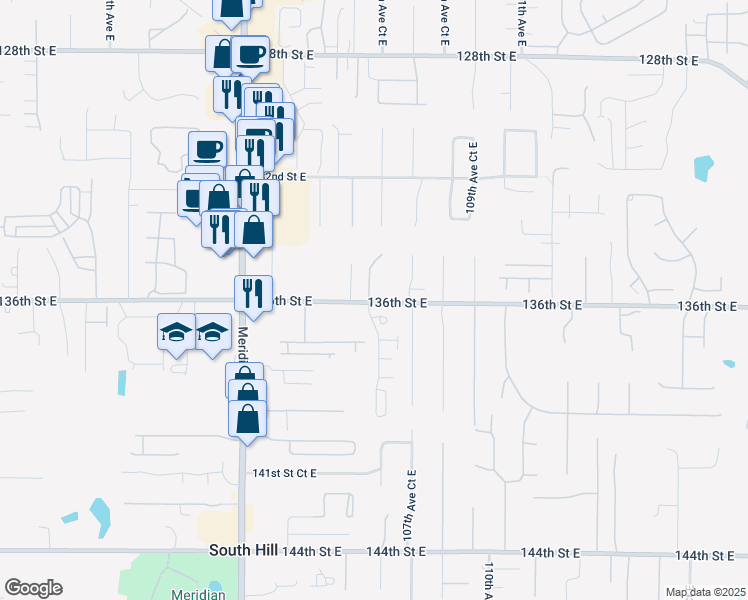 map of restaurants, bars, coffee shops, grocery stores, and more near 13523 106th Avenue East in South Hill