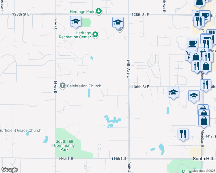 map of restaurants, bars, coffee shops, grocery stores, and more near 13603 91st Avct East in Puyallup