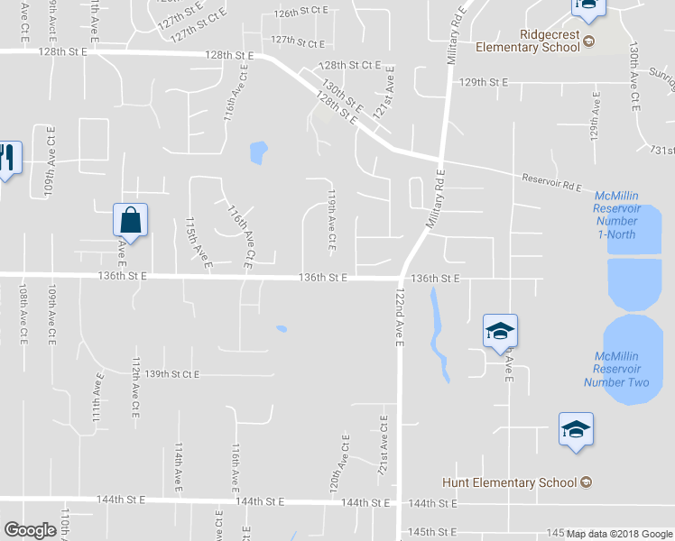 map of restaurants, bars, coffee shops, grocery stores, and more near 11915 136th Street East in Puyallup