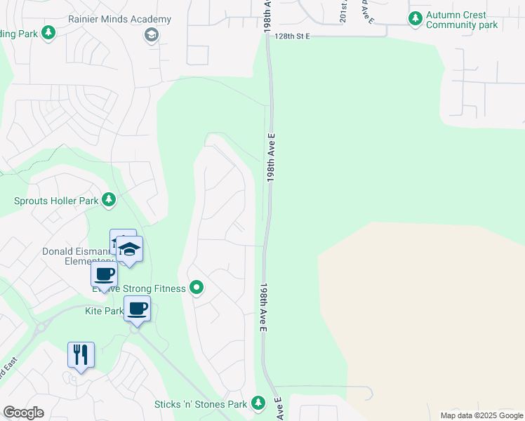 map of restaurants, bars, coffee shops, grocery stores, and more near 14492 198th Avenue East in Bonney Lake