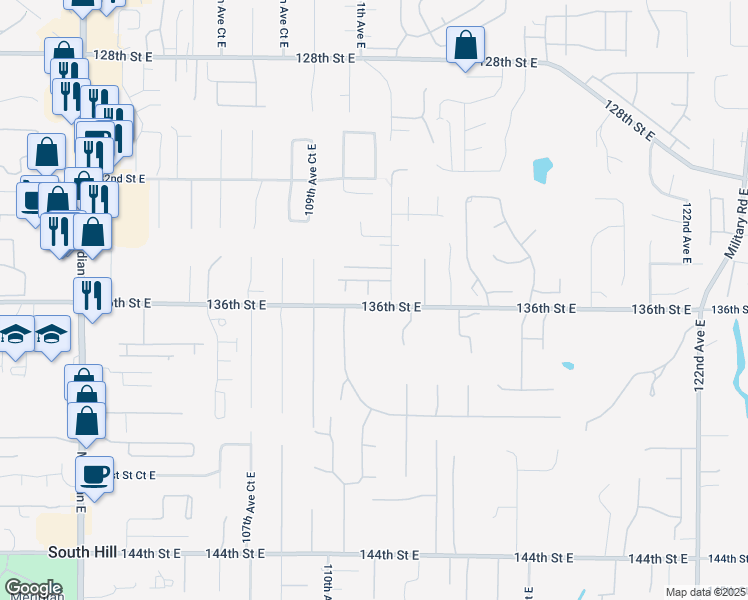 map of restaurants, bars, coffee shops, grocery stores, and more near 13523 111th Avenue Court East in Puyallup