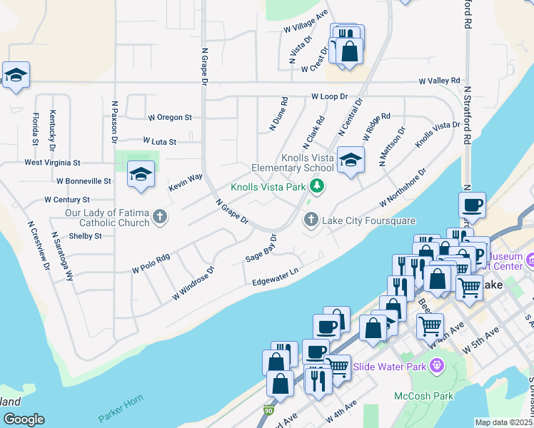 map of restaurants, bars, coffee shops, grocery stores, and more near 325 North Clark Road in Moses Lake
