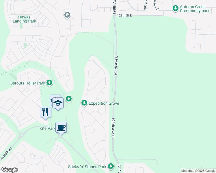 map of restaurants, bars, coffee shops, grocery stores, and more near 13621 196th Avenue East in Bonney Lake