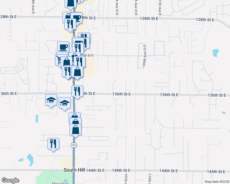 map of restaurants, bars, coffee shops, grocery stores, and more near 13523 106th Avenue East in South Hill