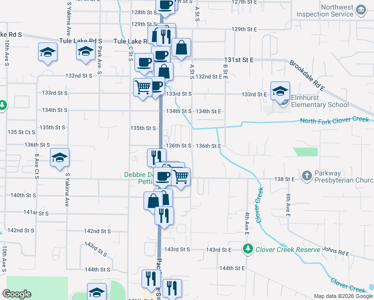 map of restaurants, bars, coffee shops, grocery stores, and more near 120 136th Street South in Tacoma