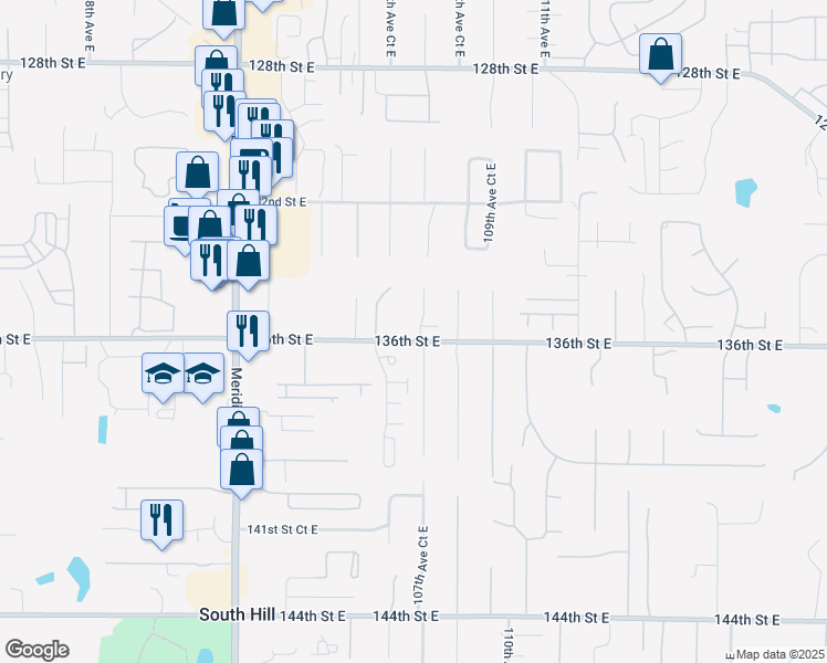 map of restaurants, bars, coffee shops, grocery stores, and more near 13518 107th Avct East in Puyallup